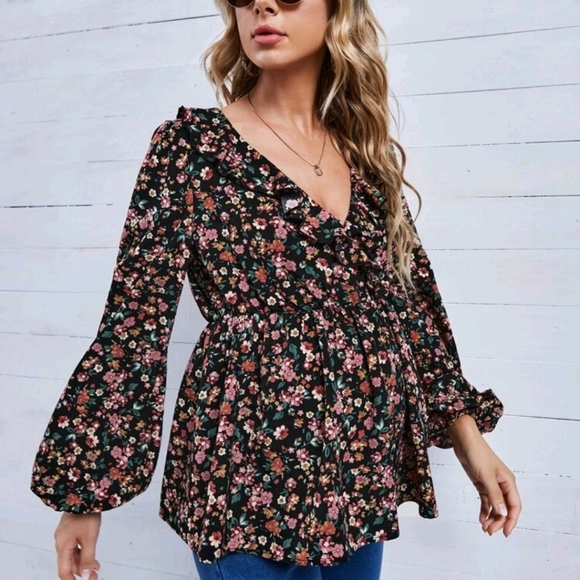 Maternity Floral Print Ruffle Trim Lantern Sleeve Peplum Blouse - Picture 3 of 7